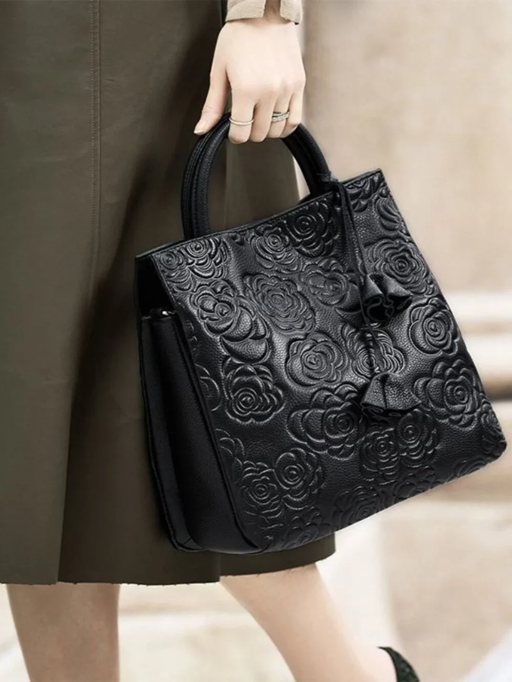 Black Floral Embossed Leather Top Handle Tote Bag